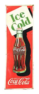 DRINK ICE COLD COCA COLA EMBOSSED TIN SIGN W/ BOTTLE GRAPHIC. 