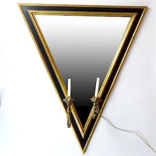 Vintage Triangular Painted and Parcel Gilt Mirror With Gilt Tole Sconces.