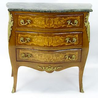 Lovely Marquetry 3 drawer commode with bronze mountings and green marble top.