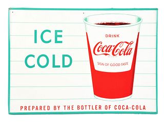 SELF FRAMED TIN "ICE COLD" COCA-COLA RED CUP SIGN.