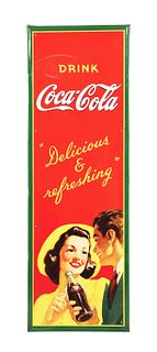 DRINK COCA COLA "DELICIOUS & REFRESHING" TIN SIGN W/ MAN & WOMAN GRAPHIC. 