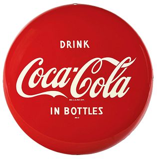 BEAUTIFUL 1950’S DRINK COCA-COLA IN BOTTLES 12” TIN BUTTON.