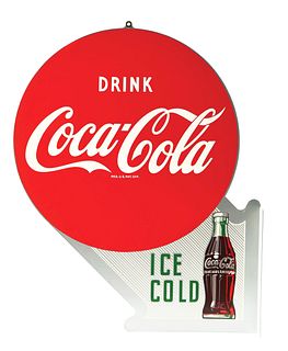 1950’S COCA-COLA “ICE COLD” DIE-CUT TIN FLANGE SIGN.