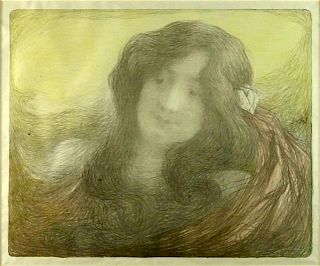 Edmond François Aman-Jean, French (1858-1936) Circa 1900 Color Lithograph, Tete de Femme.