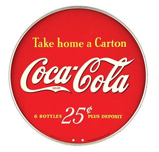 DOUBLE-SIDED COCA-COLA "TAKE HOME A CARTON 6 BOTTLES FOR 25 CENTS" RACK TOPPER.