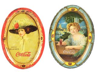 LOT OF 2: PAINTED TIN LITHO COCA-COLA TIP TRAYS, 1909 AND 1910
