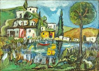 Modern Continental Oil Painting on Canvas. "Village With Pond"