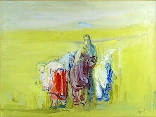 Modern Oil on Canvas "Nomads" Signed lower right (illegible) Craquelure.