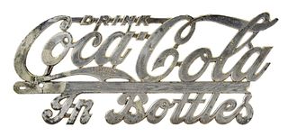 DRINK COCA-COLA IN BOTTLES METAL SCRIPT TRUCK SIGN.