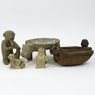 Lot of 5 Vintage Pre-Colombian Style Pottery Figures and Vessels.