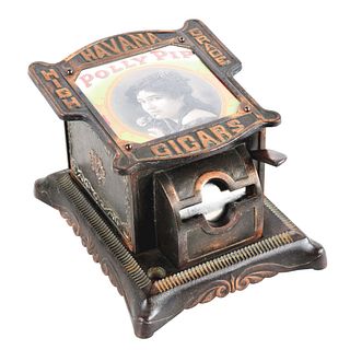 CAST IRON MATCH DISPENSER AND CIGAR CUTTER ADVERTISING POLLY PIP CIGARS.