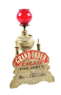 EARLY CAST IRON CIGAR CUTTER AND LIGHTER ADVERTISING GRAND ORDER CIGARS.