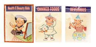 LOT OF 3: PAPER LITHOGRAPH GROCERY STORE AISLE SIGNS FEATURING CAMPBELLS KIDS.