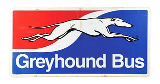 DOUBLE-SIDED TIN GREYHOUND BUS SIGN.