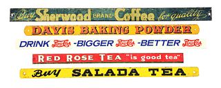 LOT OF 5: MISCELLANEOUS TIN STRIP SIGNS.