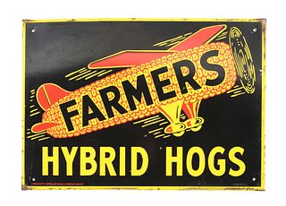 PAINTED TIN FARMERS HYBRID HOGS FEED SIGN.