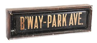 NEW YORK CITY SPINNING TROLLEY DESTINATION SIGN IN ORIGINAL WOOD CASING. 