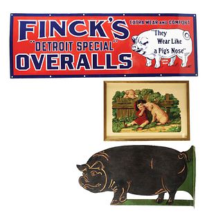 LOT OF 3: FINCK'S OVERALLS AND HILLSBORO MEAT ADVERTISING SIGNS.