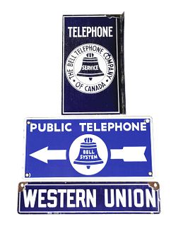 LOT OF 3: PORCELAIN TELEPHONE SIGNS.
