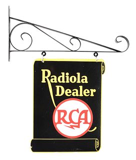 RADIOLA DEALERSHIP RCA DOUBLE-SIDED PORCELAIN SIGN WITH HANGING BRACKET.
