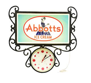 ABBOTT'S ICE CREAM LIGHT-UP SIGN WITH CLOCK.