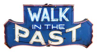 WALK IN THE PAST DIE-CUT TIN NEON SIGN MOUNTED ON ORIGINAL METAL CAN. 