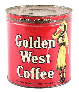 RARE GOLDEN WEST COFFEE TIN W/ COWGIRL GRAPHIC. 