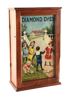 COUNTRY STORE DIAMOND DYE CABINET WITH CHILDREN AND MANSION GRAPHIC.