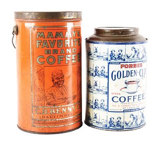 LOT OF 2: PAINTED COFFEE TINS.