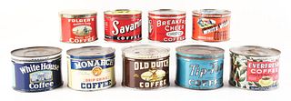 LOT OF 9: MISCELLANEOUS COFFEE TINS.