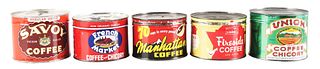 LOT OF 5: MISCELLANEOUS 1 LB. COFFEE TINS.