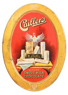 TIN LITHOGRAPHED SELF FRAMED CAILLER'S CHOCOLATE ADVERTISEMENT.