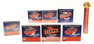 LOT OF 7: CLARK'S CANDY BAR BOXES AND A GUM DISPENSER.