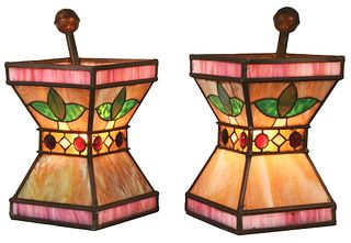 PAIR OF ARTS AND CRAFTS STYLE STAINED GLASS APOTHECARY LIGHTS.