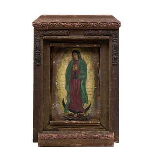 ANÓNIMO. Virgen de Guadalupe. Principios de Siglo XX. Óleo sobre lámina. 30 x 20 cm. Detalles de conservación