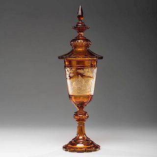 Bohemian Amber Glass Lidded Compote 