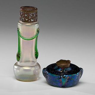 Bohemian Art Nouveau Glass Inkwell and Vase 