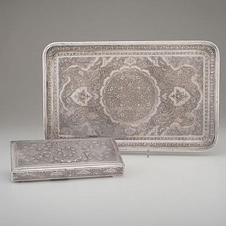 Persian Silver Tray and Dresser Box 