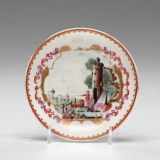 Chinese Export Saucer with Continental Trade Scene 