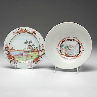 Chinese Export Porcelain Punch Bowl and Plate with Harbor Scenes 