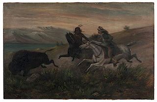 American School Painting of a Buffalo Hunt 