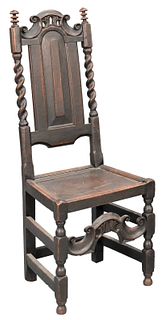 Oak Jacobean Side Chair, having paneled back and wood seat, set on block and turned legs, probably 17th - early 18th century, height 44 1/2 inches, se