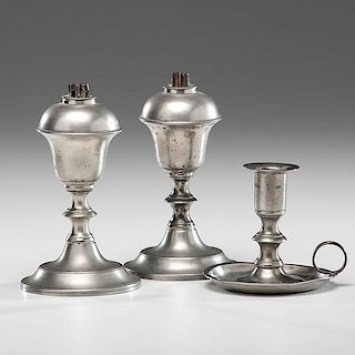Roswell Gleason Pewter Oil Lamps and Chamberstick 