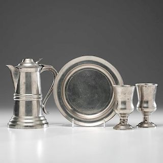 Roswell Gleason Pewter Flagon, Chalices and Plate 