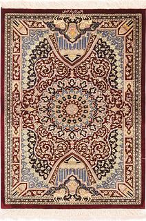 Burgundy Background Vintage Persian Silk Qum Rug 3 ft x 2 ft (0.91 m x 0.61 m)