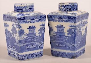 Pair of Blue Willow Porcelain Tea Caddies.