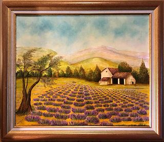 Lavender Fields in Provence, Signed French Oil Painting c.1980's