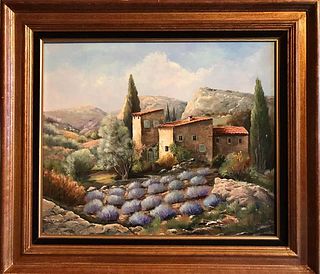 Lavender Fields in Provence, French Oil Painting c.1980's