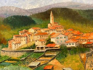 Provence Hill Top Village, Signed Oil Painting on Canvas 20th Century