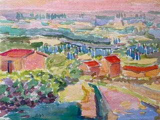 Louis Bellon 1940's Provence French Town Painting Landscape - Post Impressionist artist c. 1940s